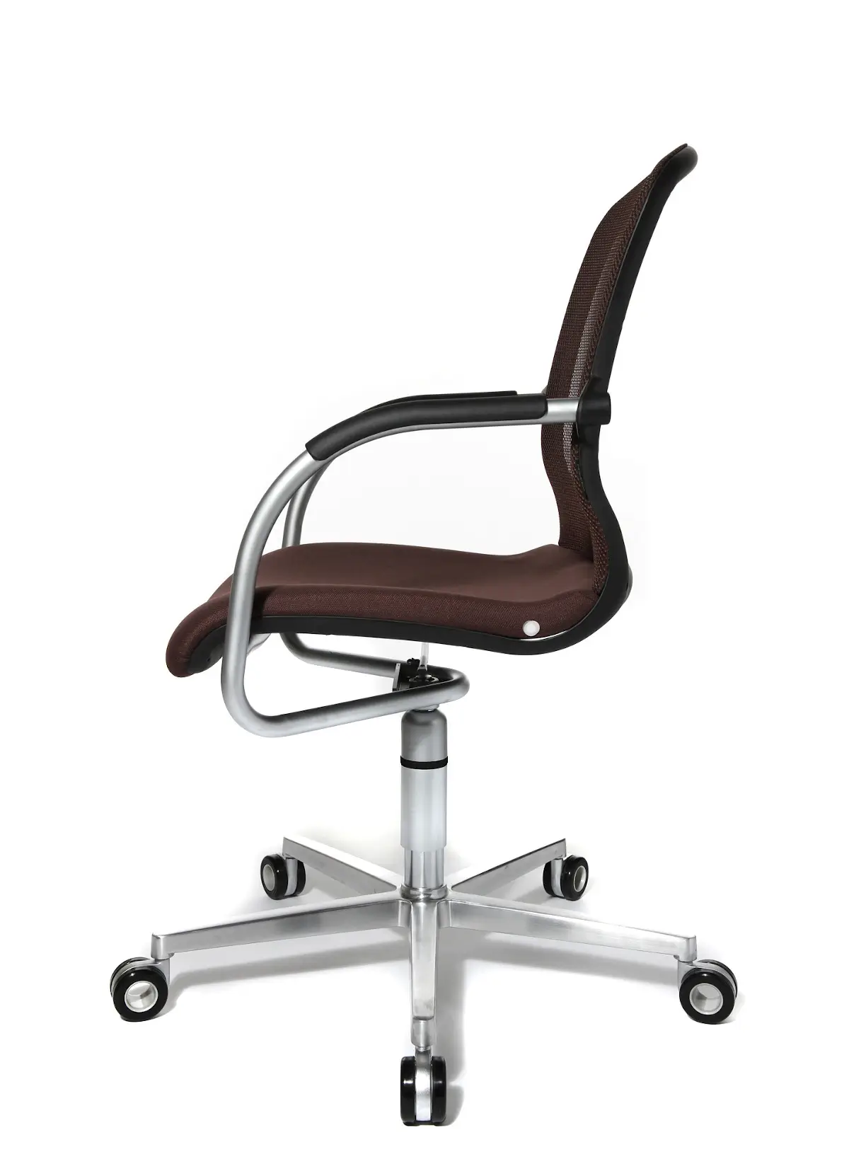 Seitenansicht des Wagner AluMedic 50 3D Visit Besucherstuhls mit 5-Strahl-Rollengestell, ergonomischer Netzrückenlehne und gepolstertem Sitz.