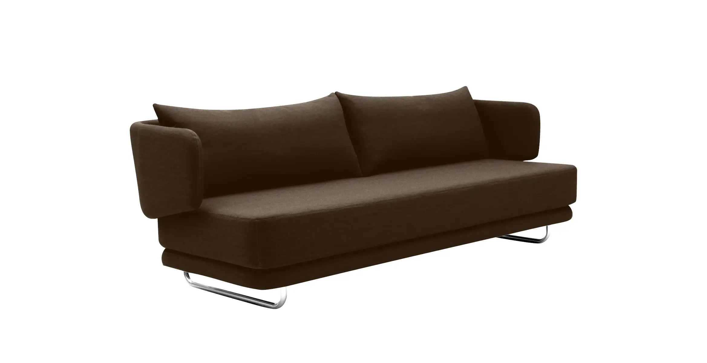 Softline Jasper Sofa in Braun aus schräger Seitenansicht mit zwei Rückenkissen, breiter Sitzfläche, gerundeten Armlehnen und Metallfüßen.