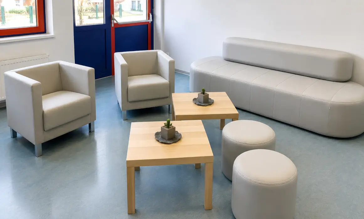 Kombination aus Revo Sofa, Revo Hockern und Vancouver Lite Sesseln von Profim bei der Pfingstbachschule Grundschule