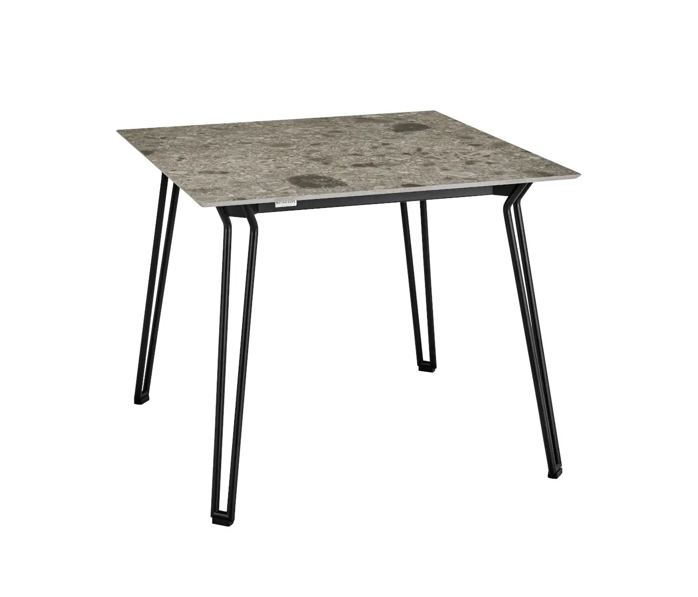 Weishäupl Slope Tisch 90 × 90 cm mit schwarzem Gestell und hochwertiger Keramik-Tischplatte Iseo für den langlebigen Outdoor-Einsatz.