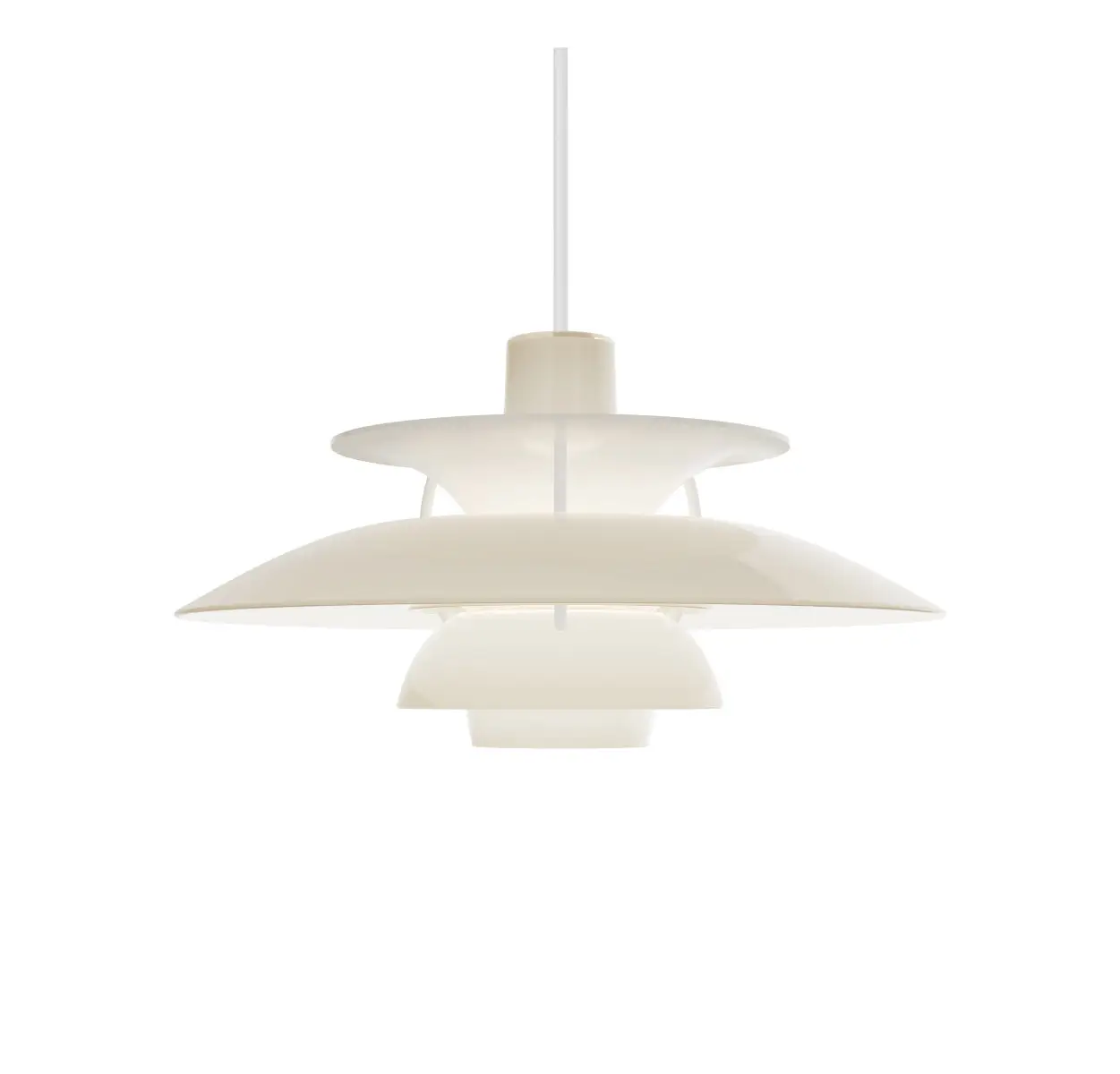 Louis Poulsen PH 5 320 Opal Pendelleuchte in Beige mit charakteristischem mehrteiligem Schirmsystem