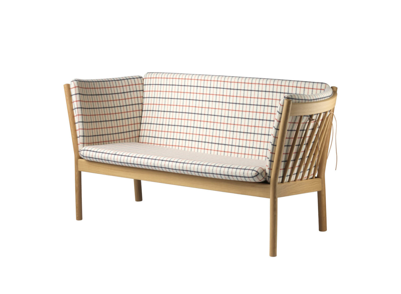 FDB Møbler J148 2-Sitzer Sofa, Eichenholz natur, rotkarierte Pferdedecke, ergonomisch, nachhaltig, funktional