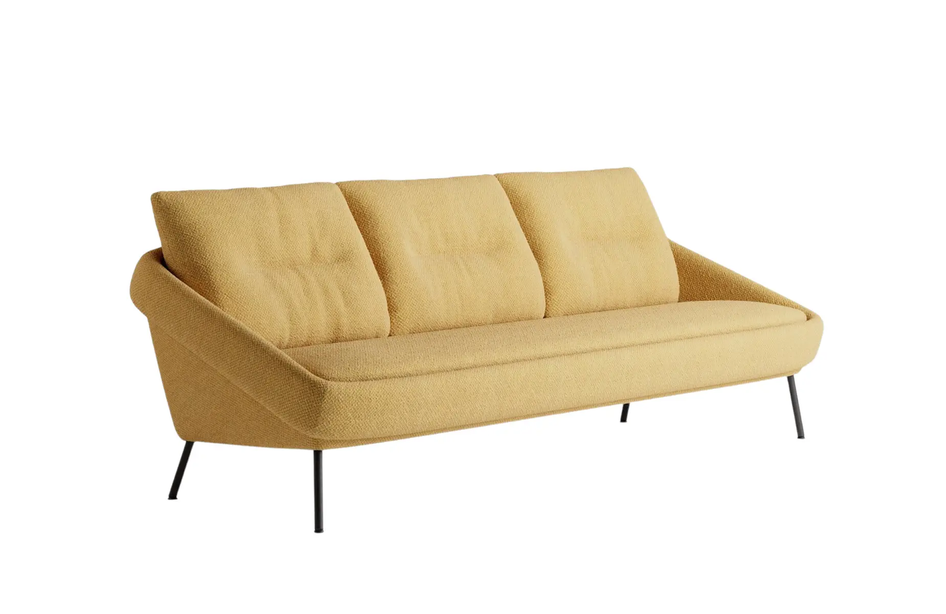 Noti Nome Sofa 3-Sitzer in Gelb mit schwarzen Metallbeinen und drei gepolsterten Rückenkissen