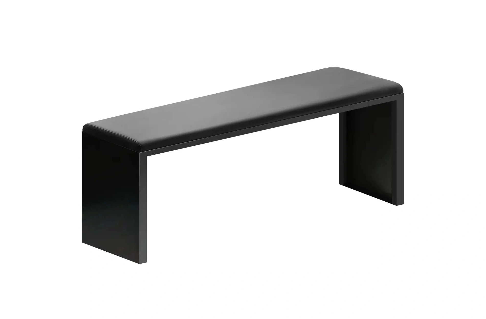 Zeus Irony Pad Bank 130 cm mit kupferschwarzem Gestell und schwarzem Lederpolster.
