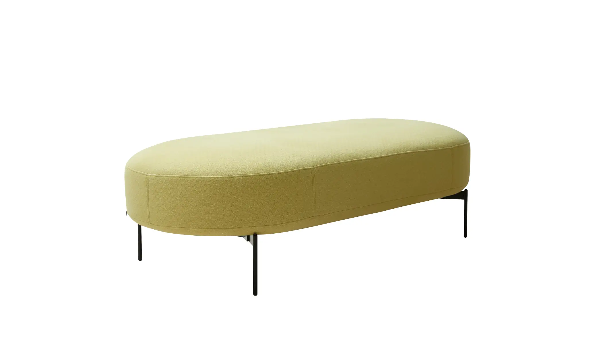 Softline Joe Hocker Large in Gelb aus schräger Perspektive mit länglicher, abgerundeter Polsterfläche und filigranen schwarzen Metallfüßen.