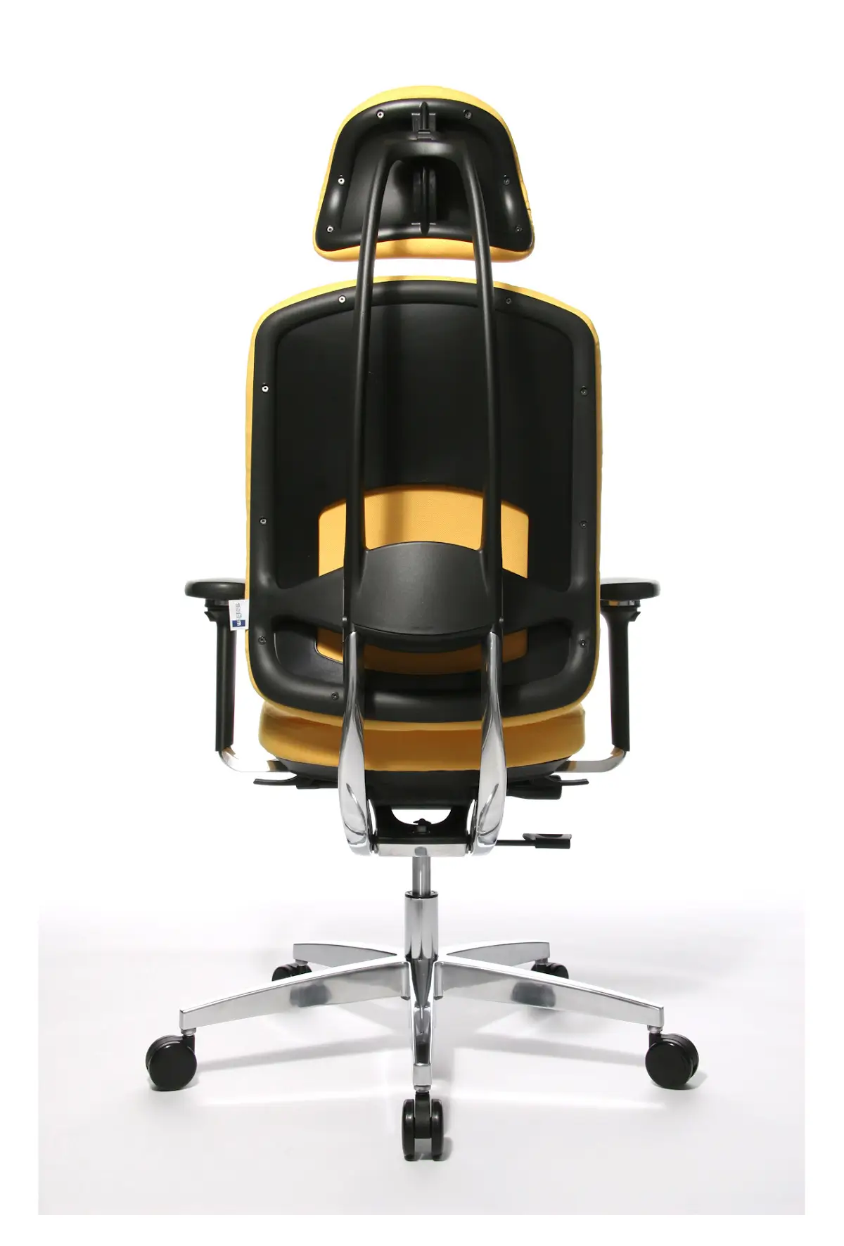 Rückansicht des Wagner AluMedic 20 Bürostuhls mit Kopfstütze, ergonomischer Rückenlehne, Lordosenstütze und Aluminium-Rahmen.