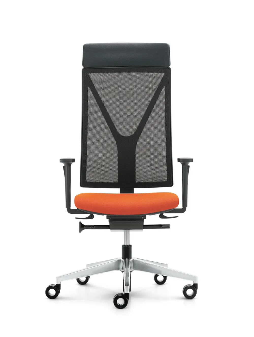 Girsberger Yanos Drehstuhl mit Netzrücken und Rückenaufsatz, Armlehnen und Rollen für ergonomisches Sitzen im Büro.