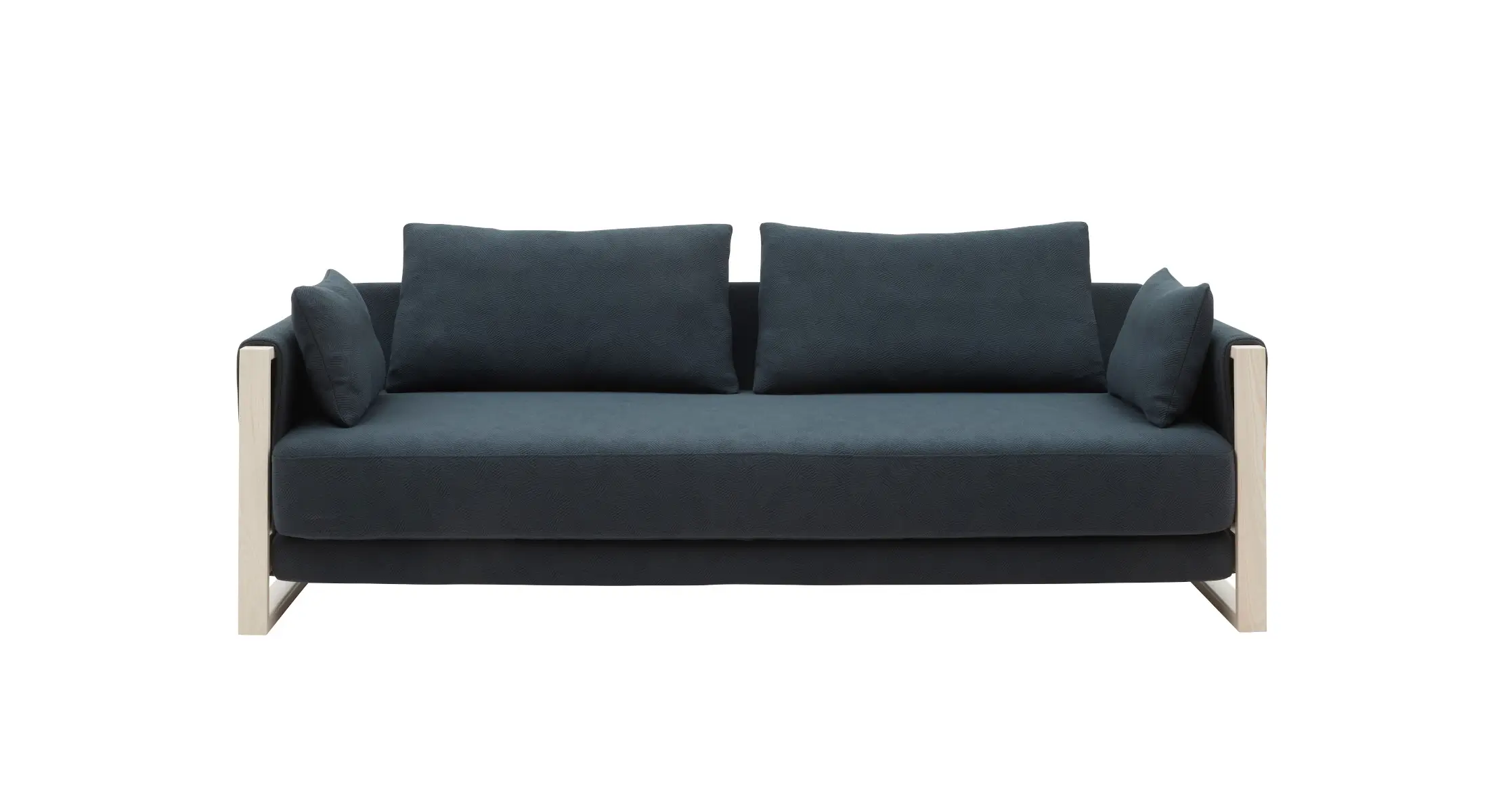 Softline Madison Wood Sofa in Dunkelblau in der Vorderansicht mit breiter Sitzfläche, großen Rücken- und Seitenkissen sowie hellem Holzgestell.