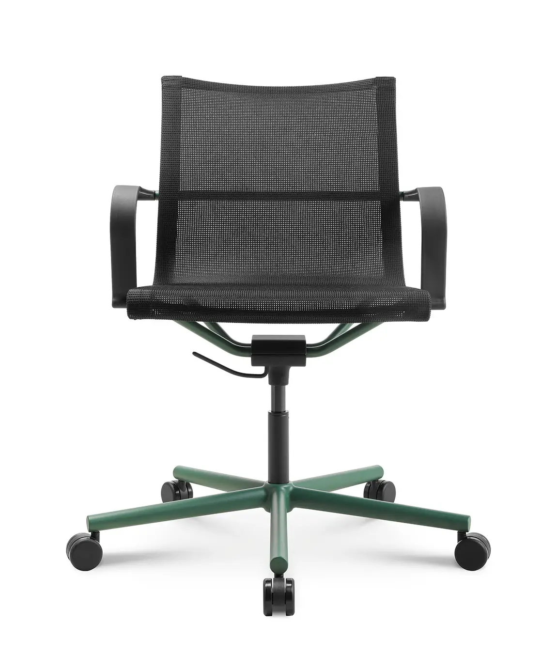Vorderansicht des Wagner d1 Office Pro Green mit schwarzer Netzbespannung, Armlehnen und grünem 5-Stern-Fußkreuz.