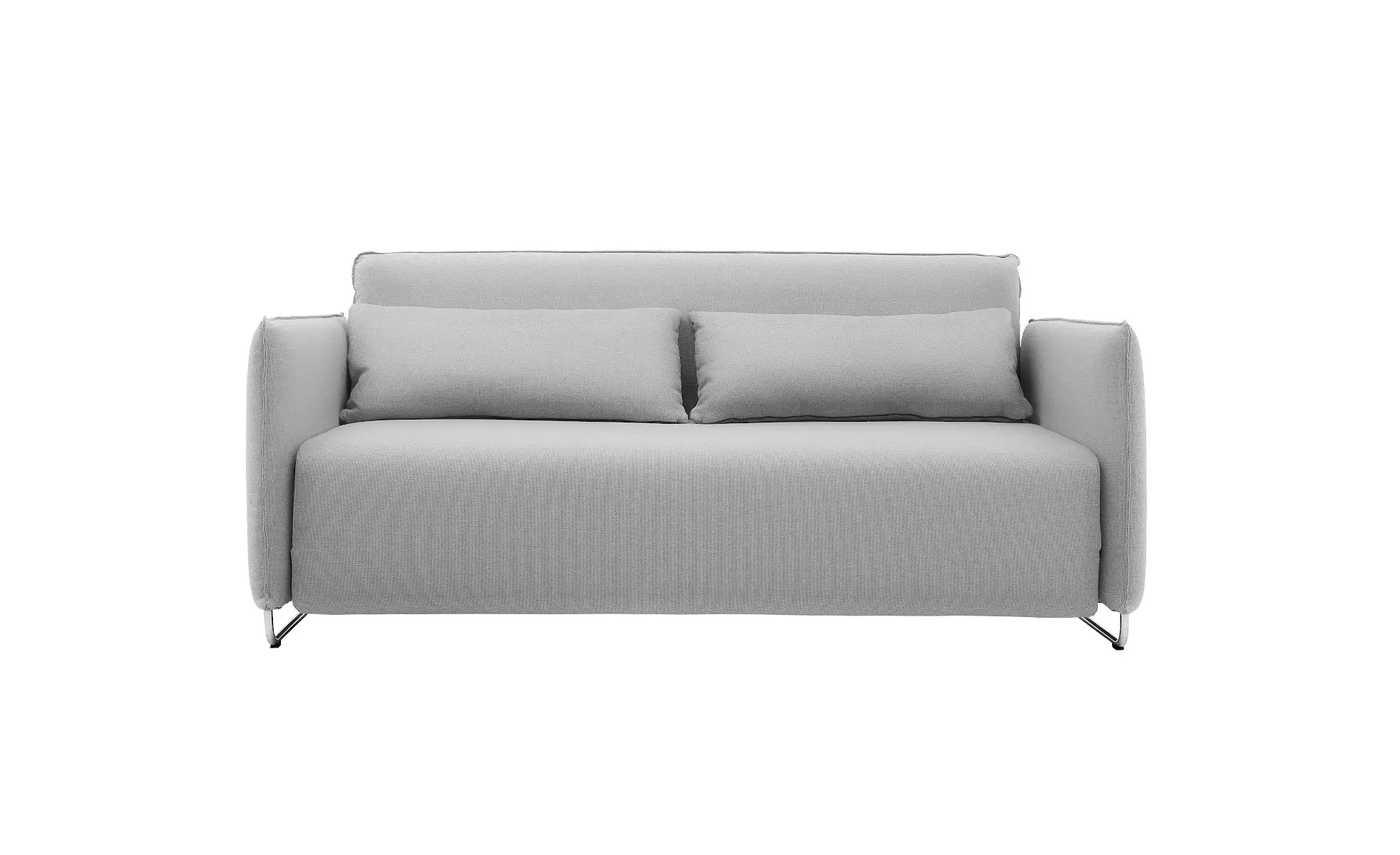 Softline Cord Sofa in Hellgrau aus vorderer Perspektive mit zwei Rückenkissen, gepolsterten Armlehnen und filigranem Metallgestell.