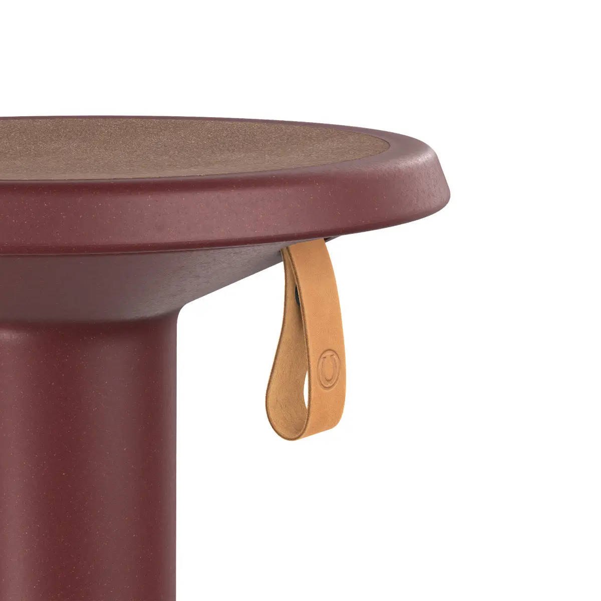 Interstuhl ECO UP Sitzhocker Weinrot mit Detailansicht der Sitzfläche und Griffschlaufe