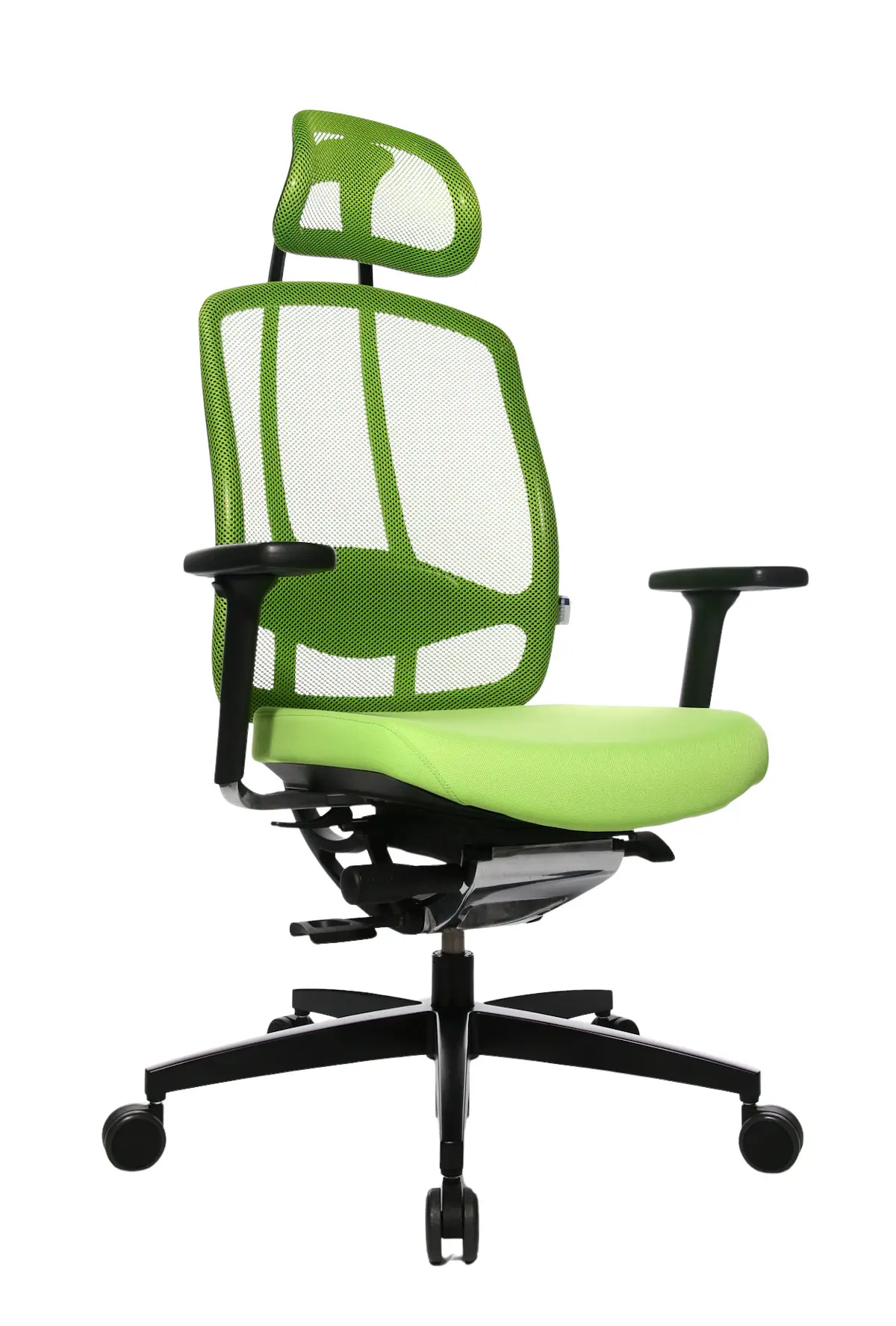 Wagner AluMedic 5 Bürostuhl mit Kopfstütze in Grün aus schräger Perspektive mit atmungsaktiver Netzrückenlehne und ergonomischer Ausstattung