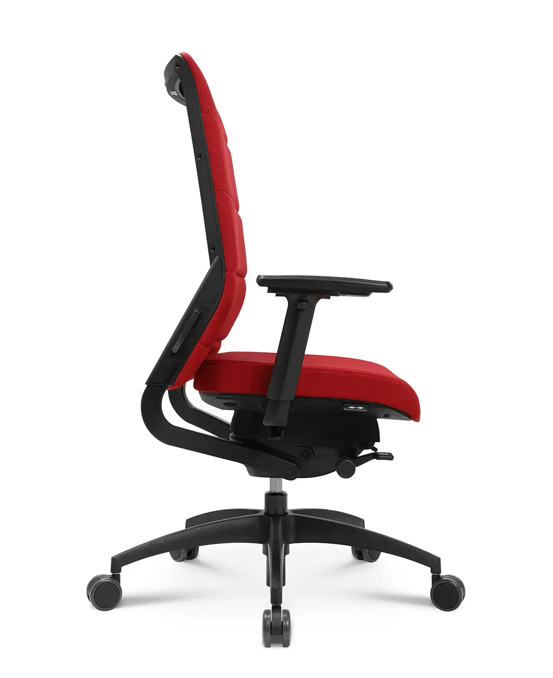 Wagner ErgoMedic 100-4 Bürostuhl mit rotem Sitz- und Rückenpolster, ergonomischer Mechanik und verstellbaren Armlehnen in der Seitenansicht.