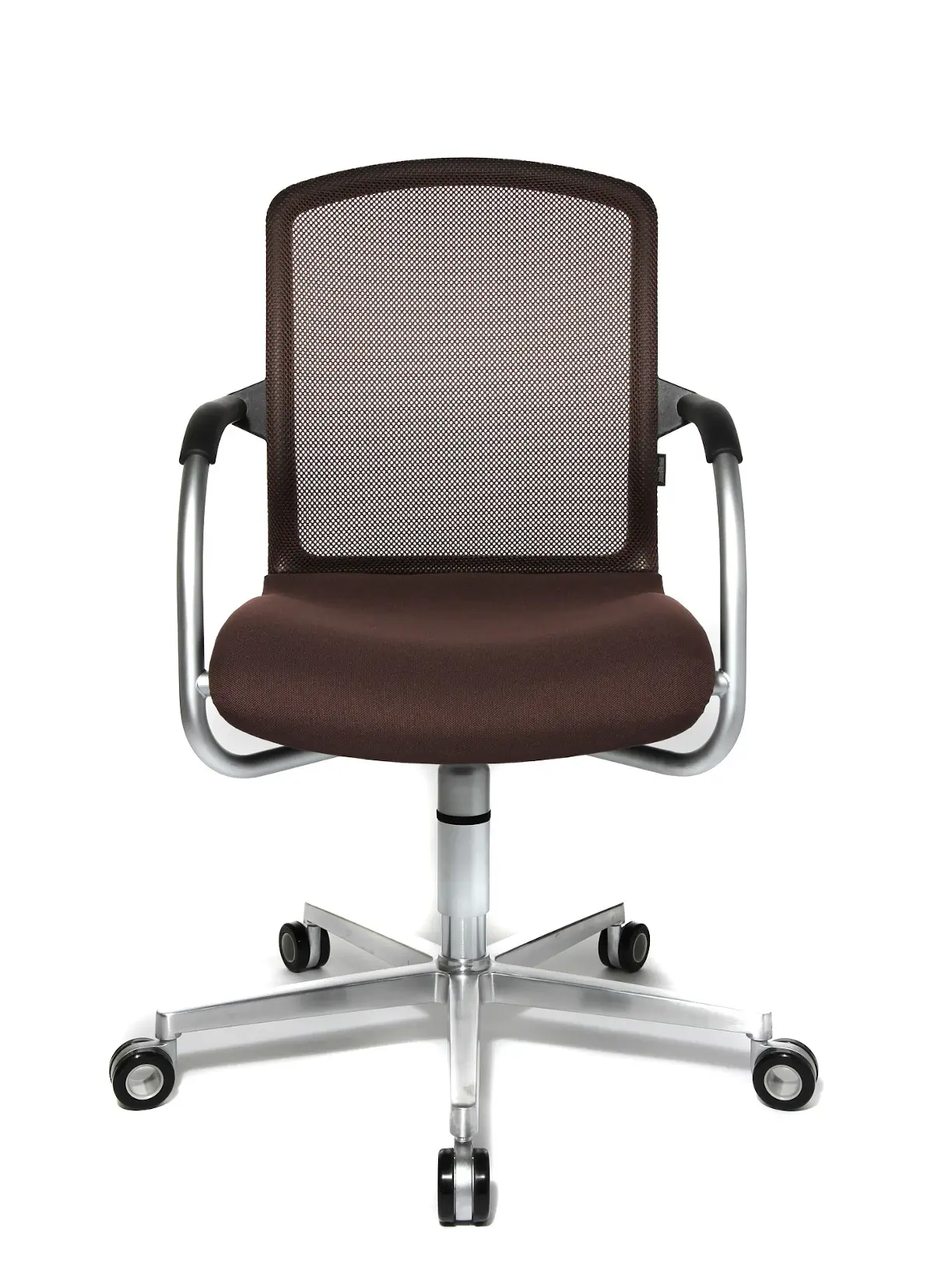 Frontansicht des Wagner AluMedic 50 3D Visit Besucherstuhls mit Netzrückenlehne, gepolstertem Sitz und 5-Strahl-Rollengestell.