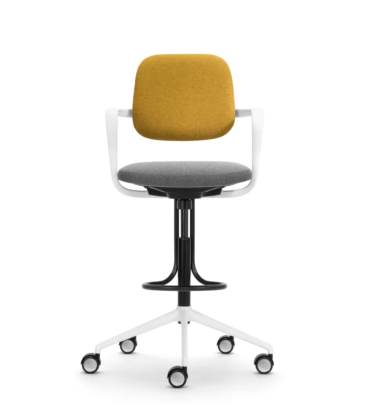 Girsberger Ategra High Stool mit Fußbügel, Rollen und ergonomischer Sitzfläche für hohe Arbeitsplätze.