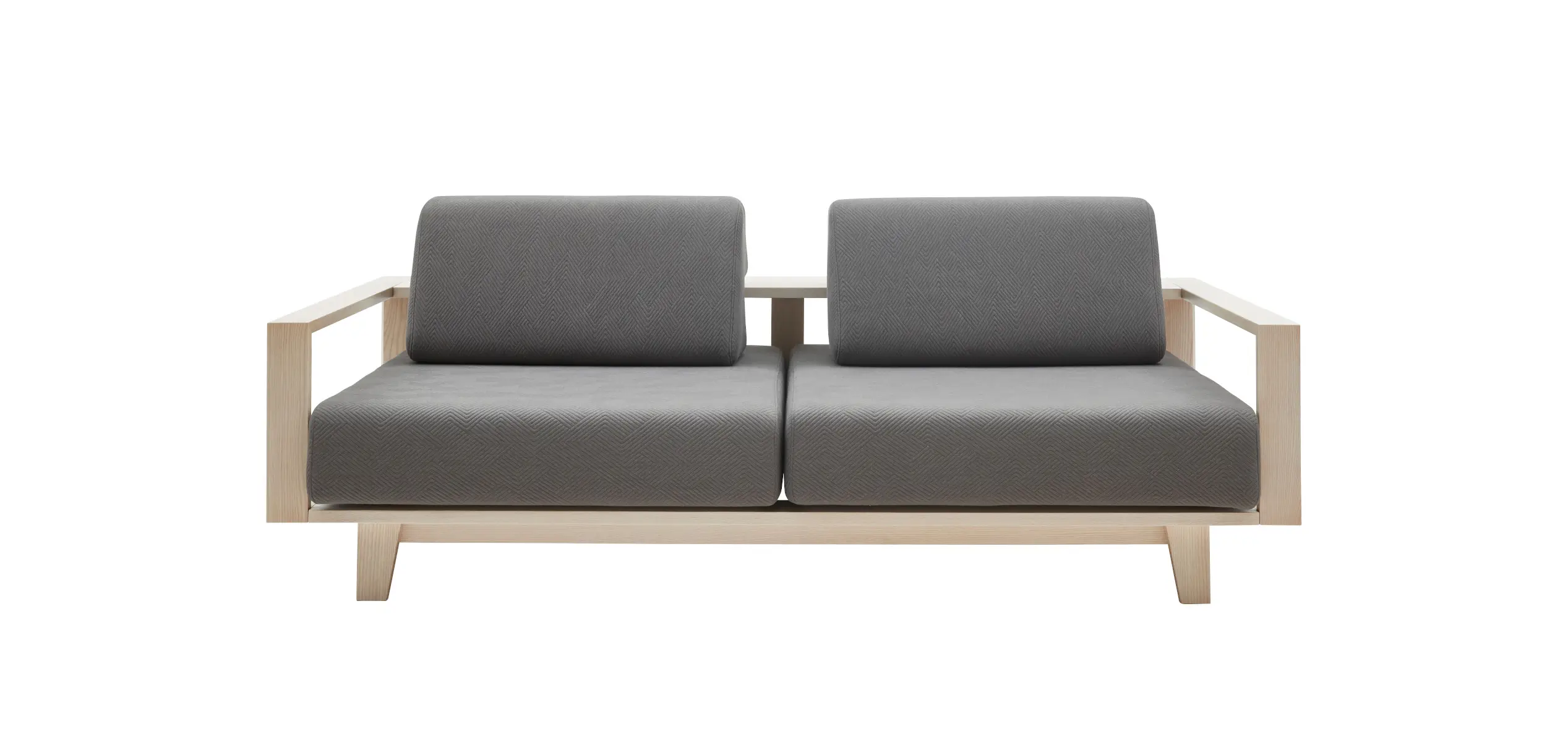 Softline Wood Sofa in Grau aus vorderer Perspektive mit zwei gepolsterten Sitz- und Rückenelementen sowie offenem, hellem Holzrahmen.