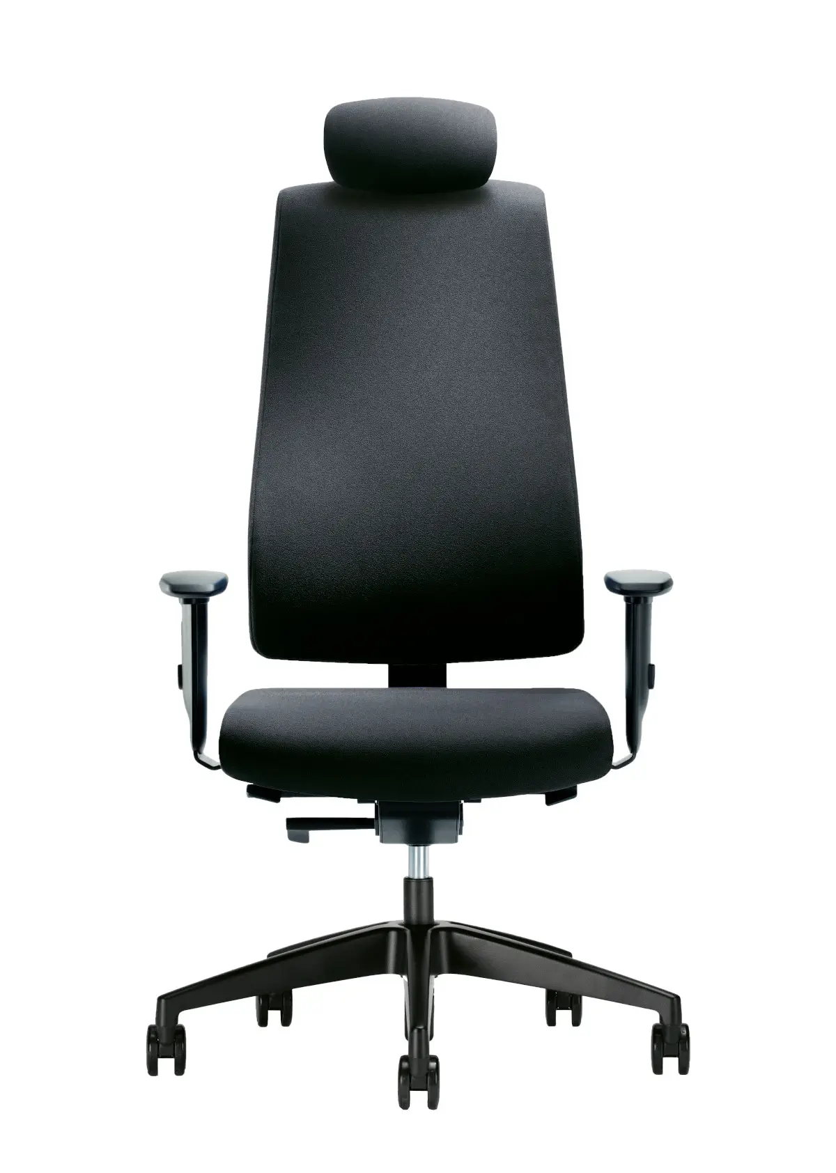 Interstuhl Goal 322G Drehsessel in Schwarz mit Kopfstütze und Armlehnen in der Frontansicht