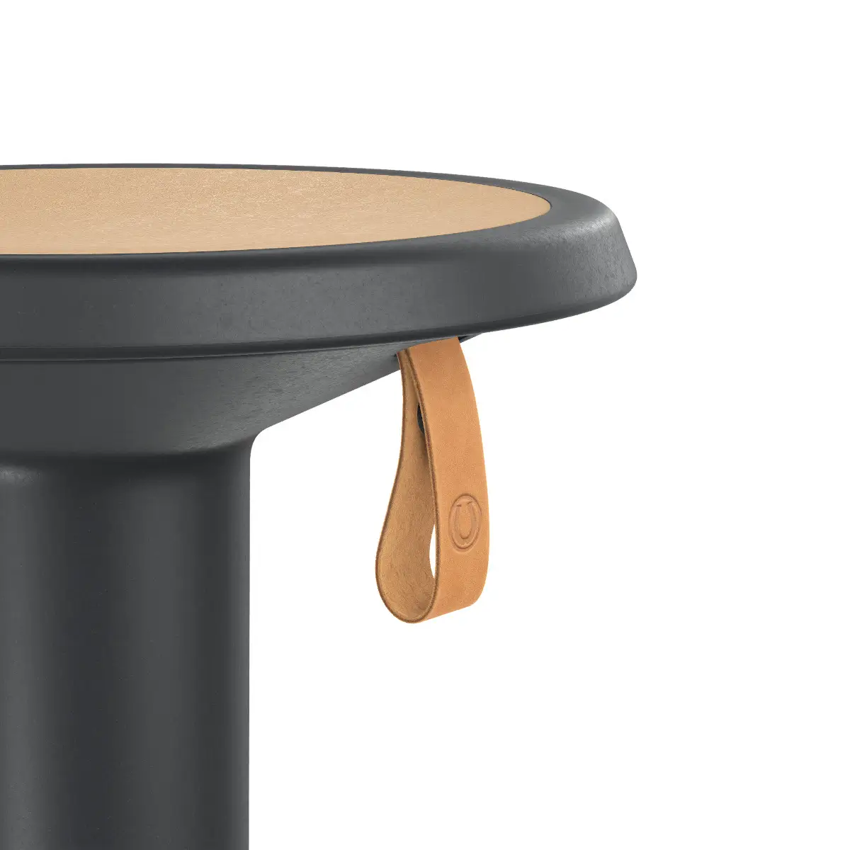 Interstuhl ECO UP Sitzhocker Schwarzgrau mit Detailansicht der Sitzfläche und Griffschlaufe