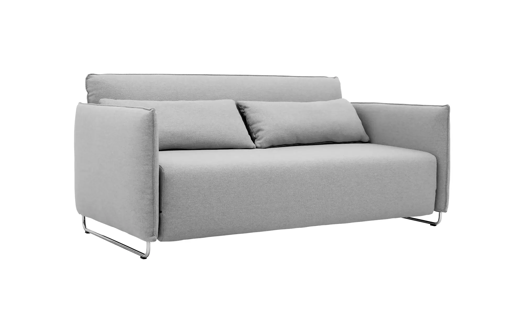 Softline Cord Sofa in Hellgrau aus seitlicher Perspektive mit breiter Sitzfläche, zwei Rückenkissen, gepolsterten Armlehnen und Metallgestell.