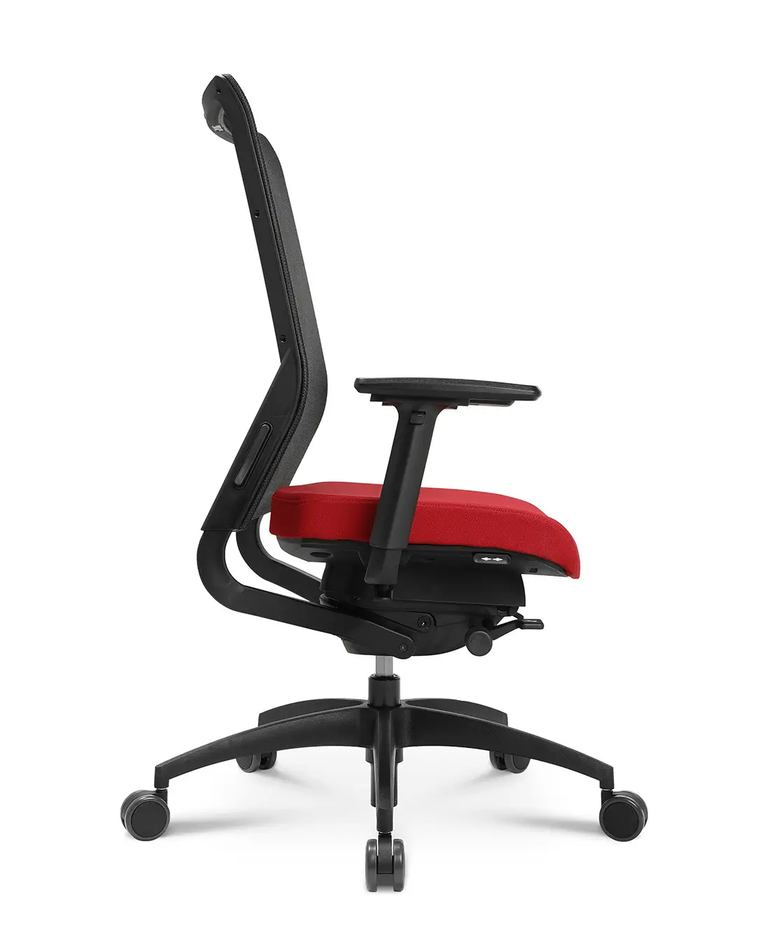 Wagner ErgoMedic 100-2 Bürostuhl mit schwarzer Netzrückenlehne, rotem Sitzpolster, verstellbaren Armlehnen und ergonomischer Mechanik in der Seitenansicht.