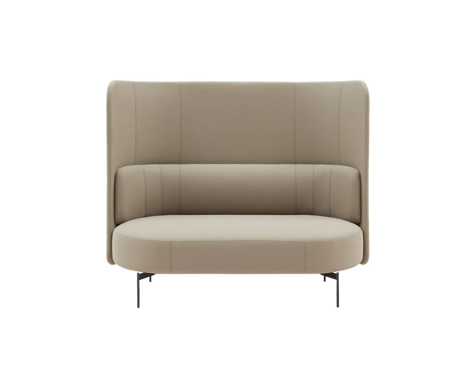 Softline Joe Sofa Hoch in Beige in Vorderansicht mit hoher gepolsterter Rückenlehne, gerundeter Sitzfläche und schlanken dunklen Metallfüßen.