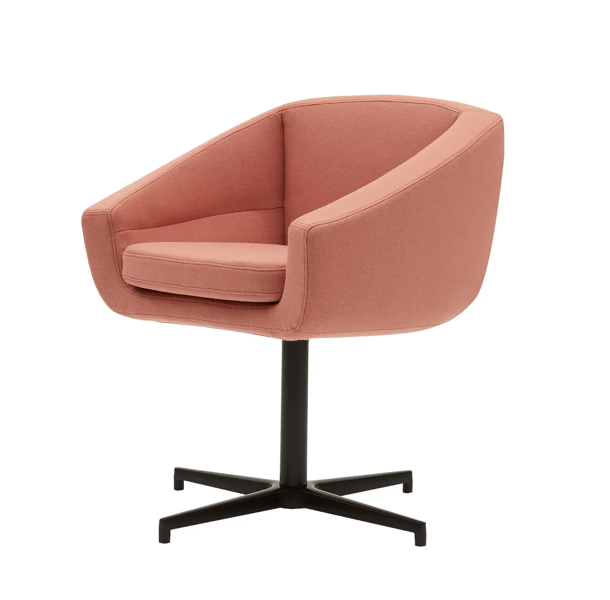 Softline Aiko Drehsessel in Rosa aus seitlicher Perspektive mit gepolsterter Sitzschale, Sitzkissen und schwarzem Kreuzfuß.