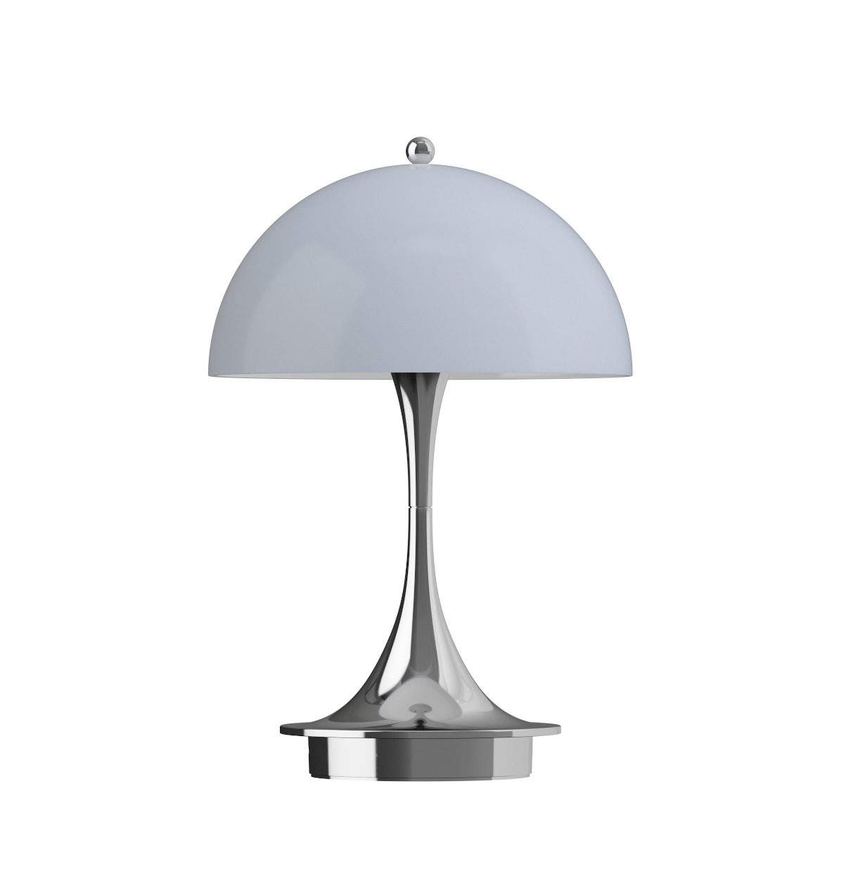 Panthella 160 Tischlampe von Louis Poulsen, tragbar, dimmbar, Chrome Opal Blue Grey, modernes LED-Design, kabellose Leuchte