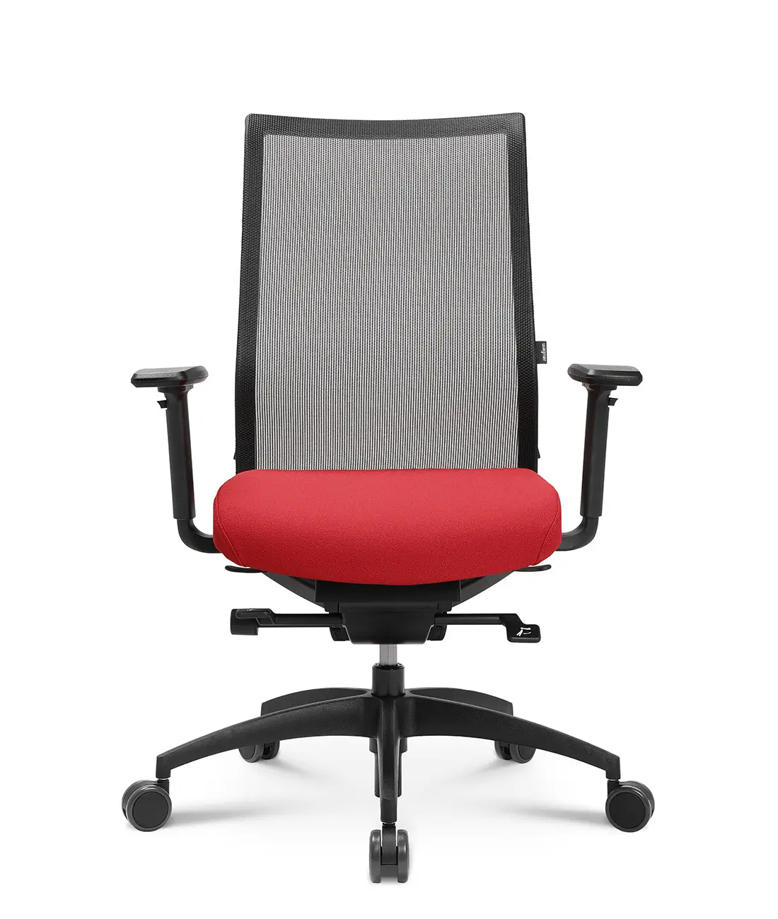 Wagner ErgoMedic 100-2 Bürostuhl mit schwarzer Netzrückenlehne, rotem Sitzpolster, ergonomischer Sitzfläche und verstellbaren Armlehnen in der Frontansicht.