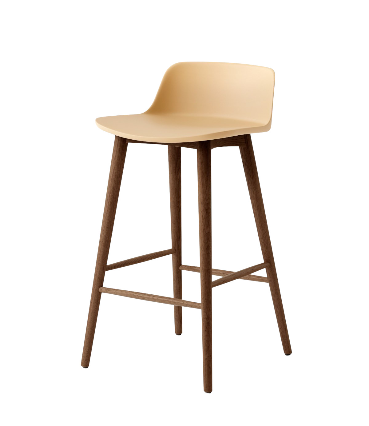 &Tradition Rely HW118 Barhocker mit Walnuss Gestell und Sitzfläche in beige sand, stilvoller Designstuhl