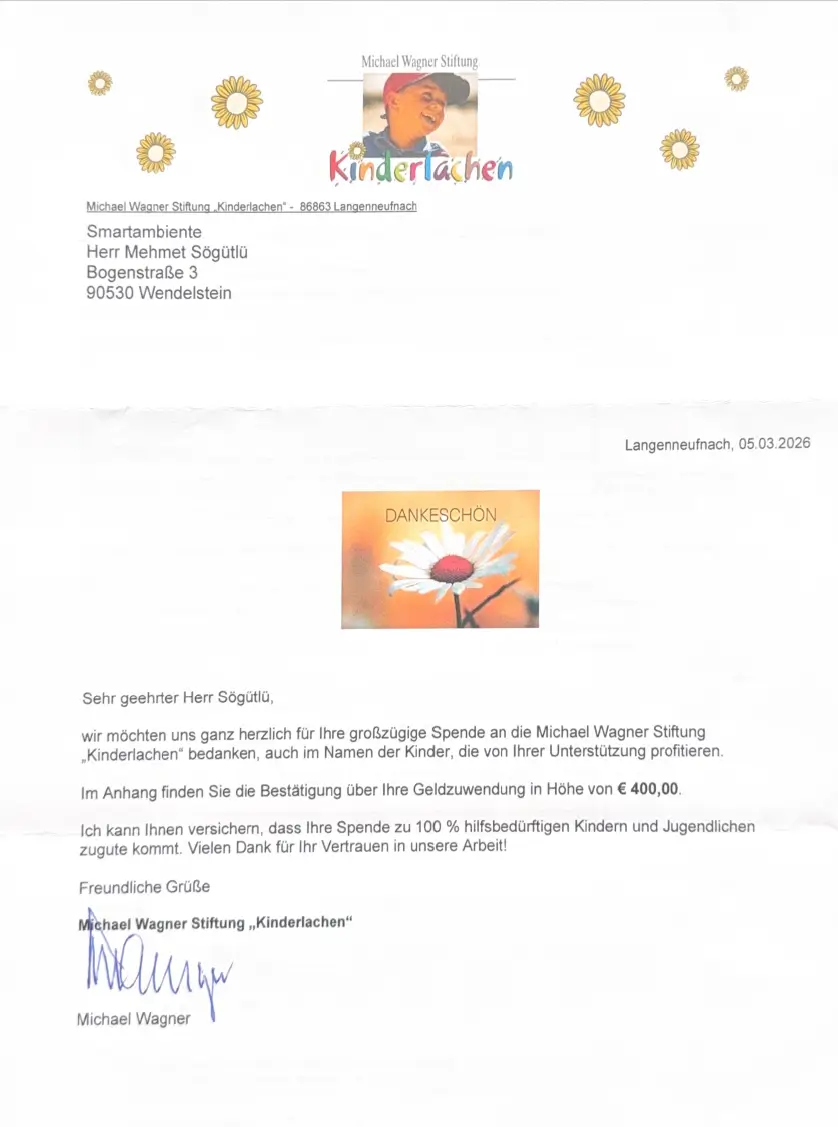 Spendenbestätigung der Michael Wagner Stiftung Kinderlachen für Smartambiente über 400 Euro