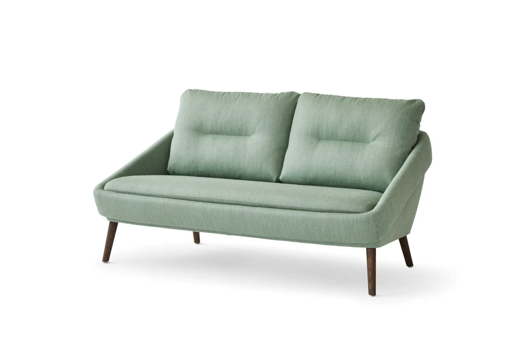 Noti Nome Sofa 2-Sitzer in Grün mit dunklen Holzbeinen und gepolsterten Armlehnen in seitlicher Perspektive
