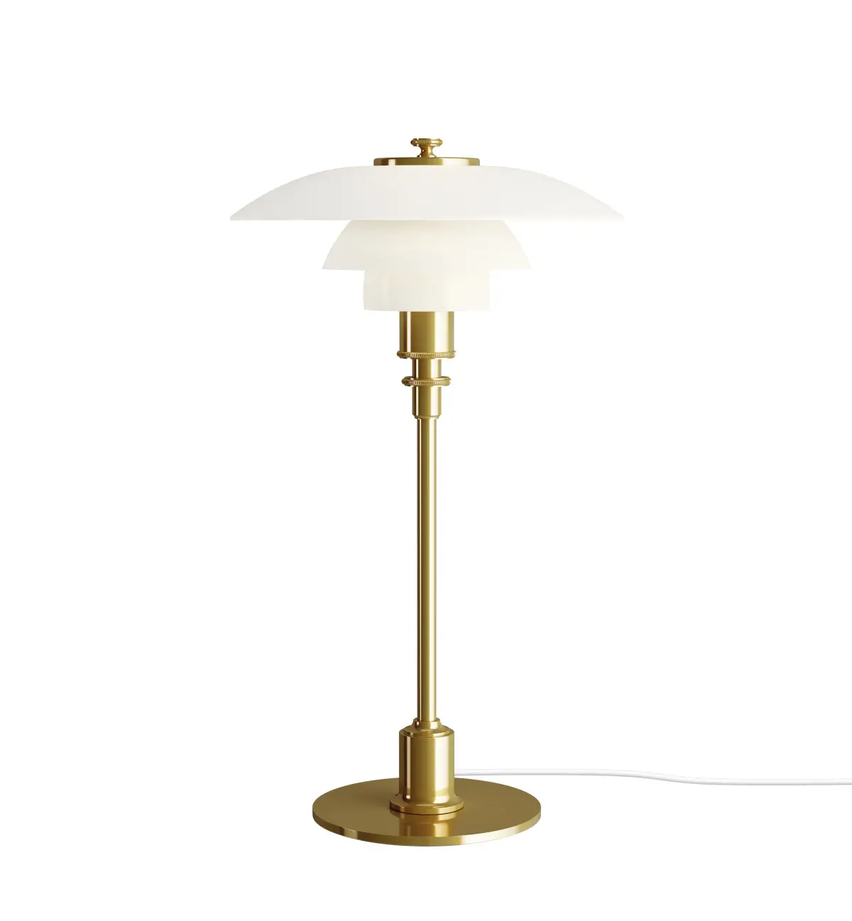 Louis Poulsen PH 2/1 Tischleuchte in Brass Metallised mit opalen Schirmen vor weißem Hintergrund