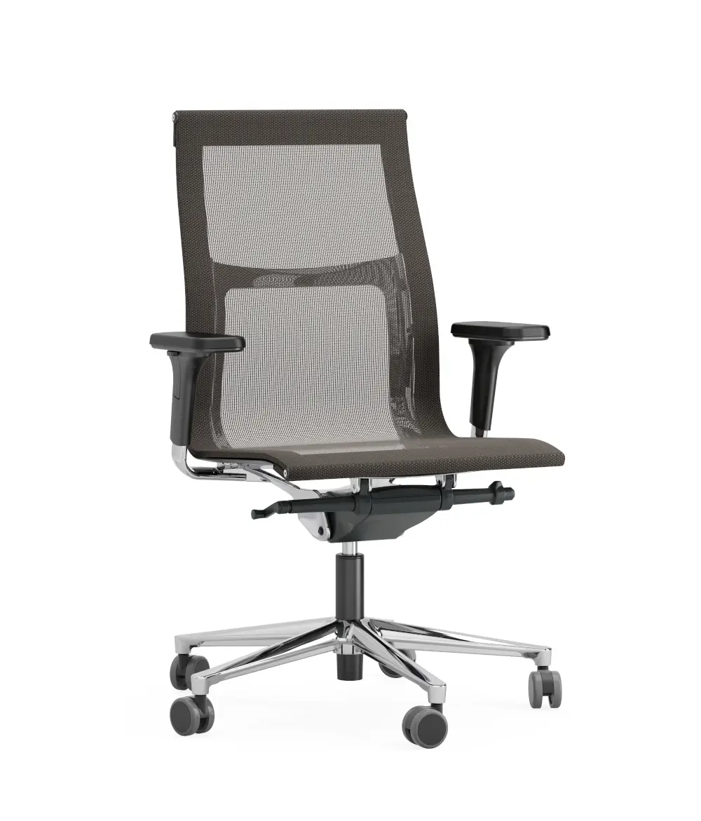 ICF Una Plus HD High Back 5 Star Base Bürostuhl mit hoher Netzrückenlehne, Armlehnen und poliertem Aluminium-Fußkreuz.