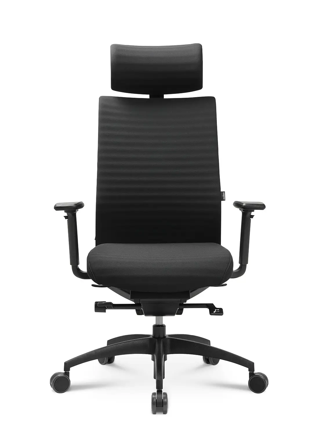Wagner ErgoMedic 100-3 Bürostuhl mit schwarzer Netzrückenlehne, Kopfstütze, schwarzem Sitzpolster und ergonomischer Ausstattung in der Frontansicht.