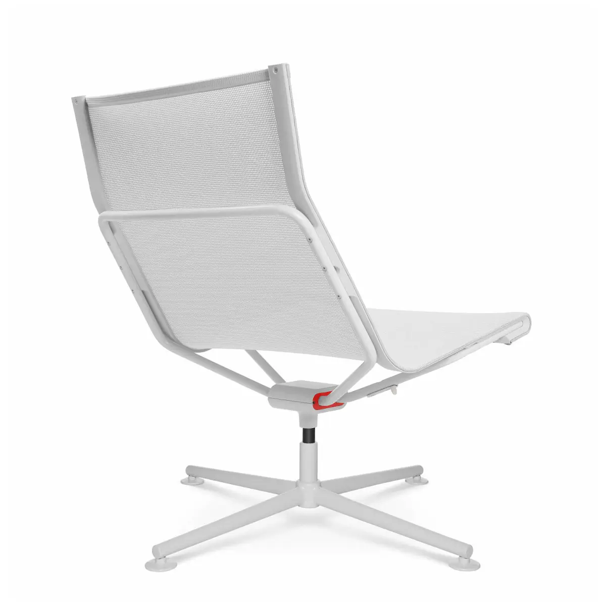 Perspektivische Rückansicht des Wagner d1 Low Lounge Loungesessels in Weiß mit filigranem Gestell und Netzrücken.