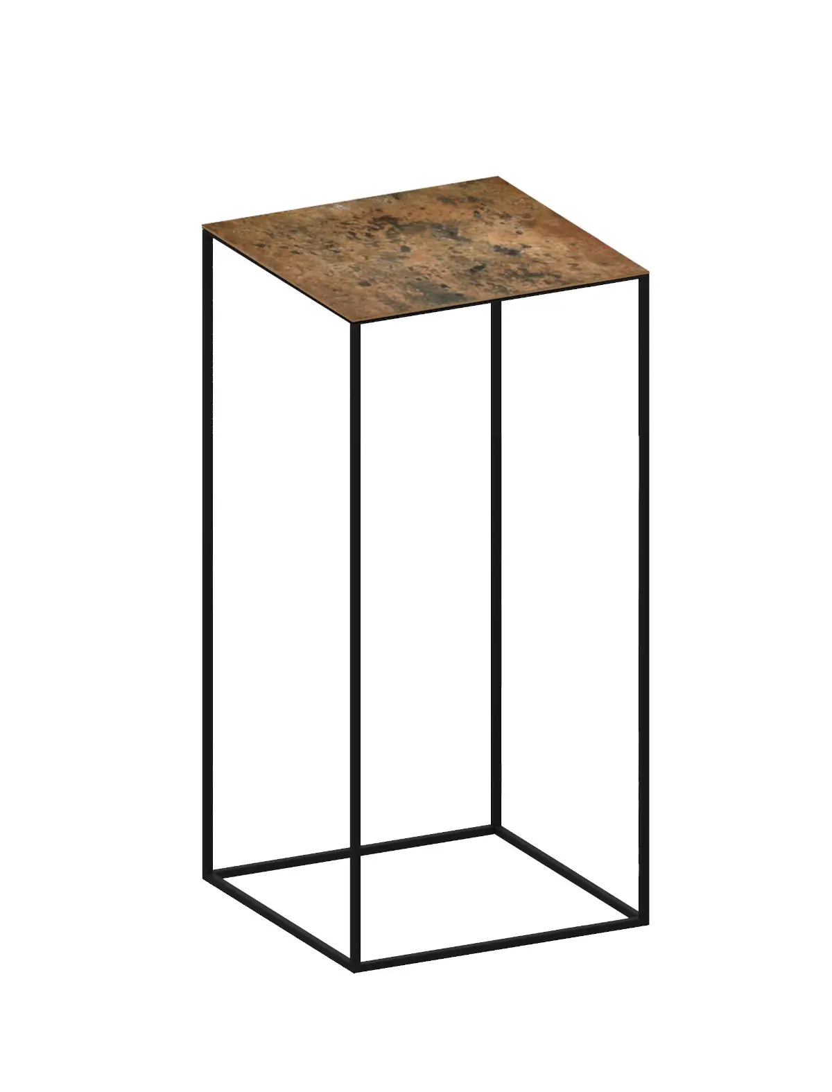 Schmaler Zeus Slim Irony Art Beistelltisch 31 × 64 cm mit dekorativer Kunstglasplatte in Rostoptik.