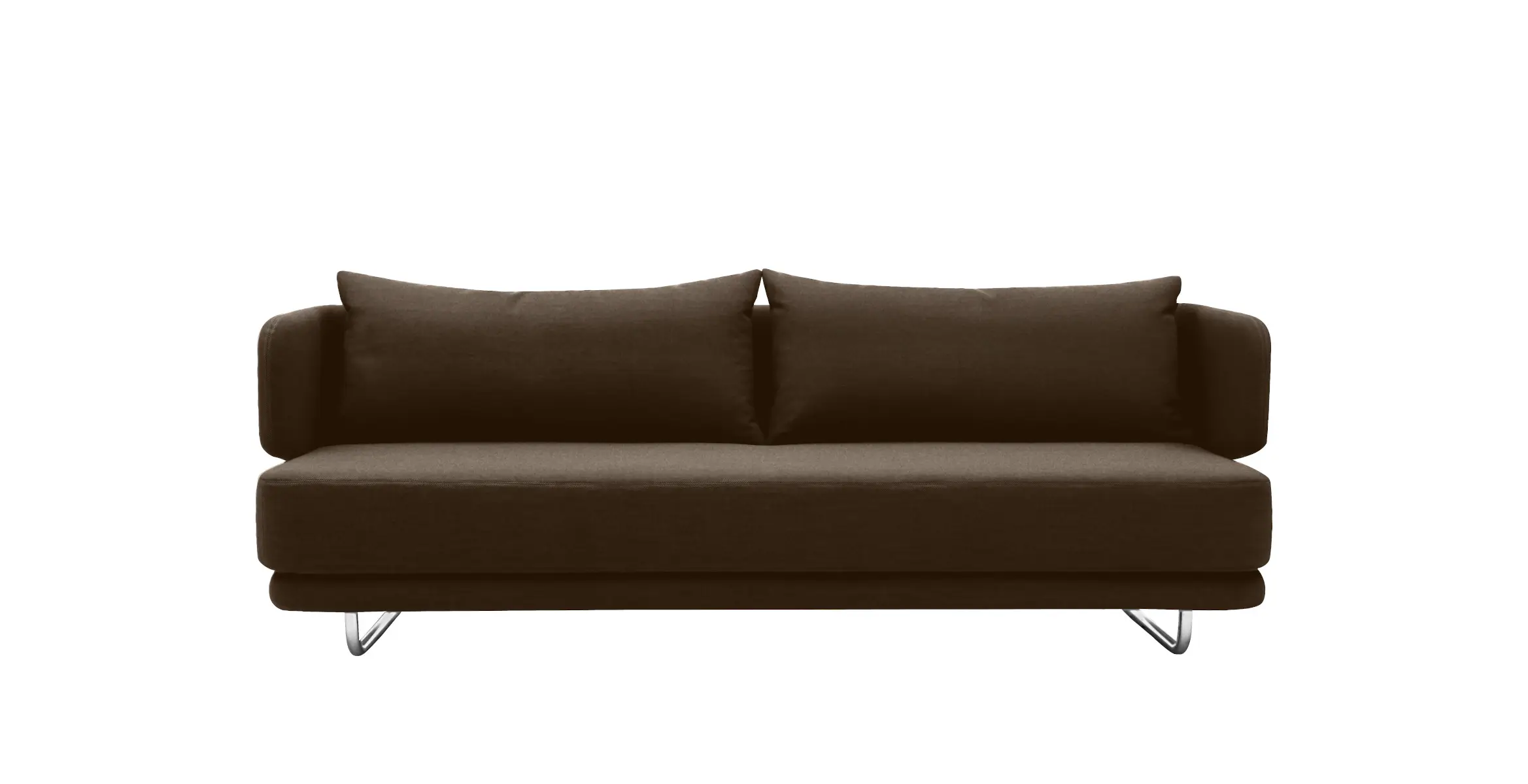 Softline Jasper Sofa in Braun aus frontaler Perspektive mit durchgehender Sitzfläche, zwei Rückenkissen, gepolsterten Armlehnen und Metallfüßen.