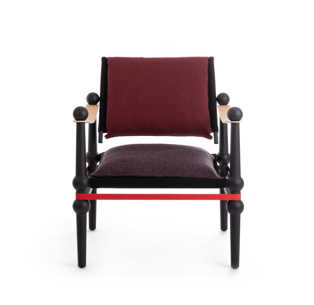 Magis Twain Sessel, ergonomisch, Buche schwarz, bordeaux Stoff, modernes Design, bequem