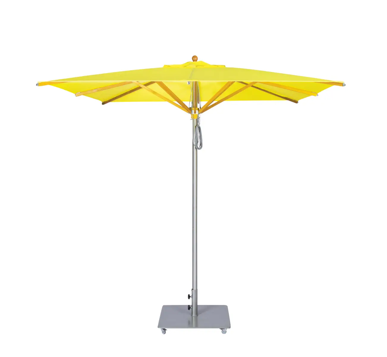 Geöffneter Weishäupl Trendschirm 250 x 250 cm in Limone mit Edelstahlmast und Rollensockel