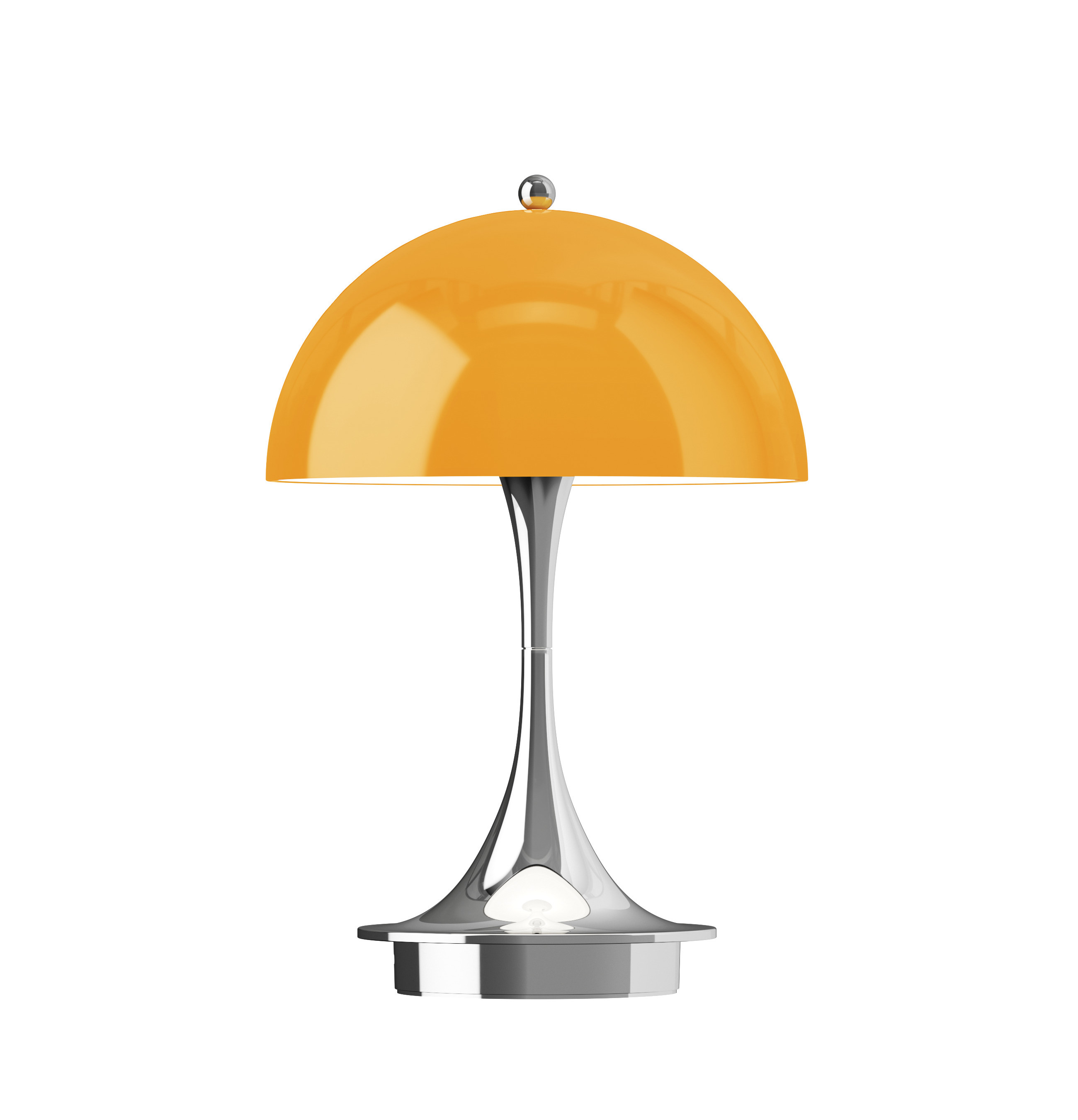 Louis Poulsen Panthella 160 Portable Tischleuchte opal orange, tragbar, moderner Chromfuß, stimmungsvolles Licht