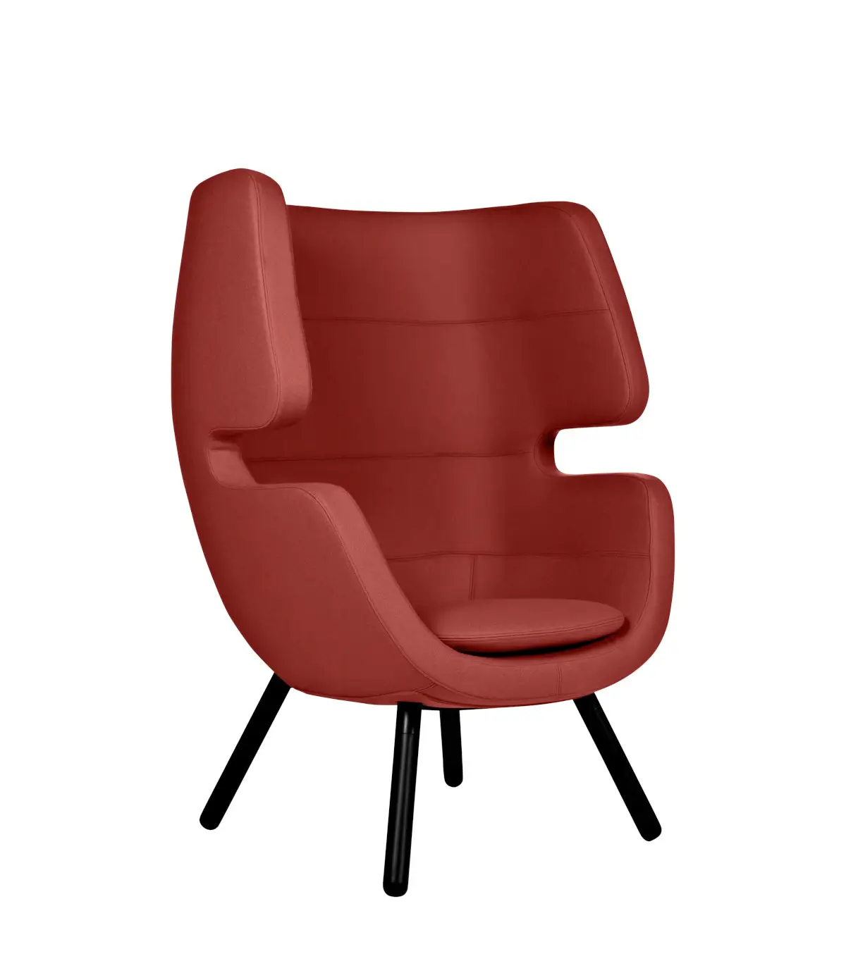 Softline Moai Loungesessel in Rot aus vorderer Perspektive mit hoher umschließender Rückenlehne, Sitzkissen und schwarzem Fußgestell.