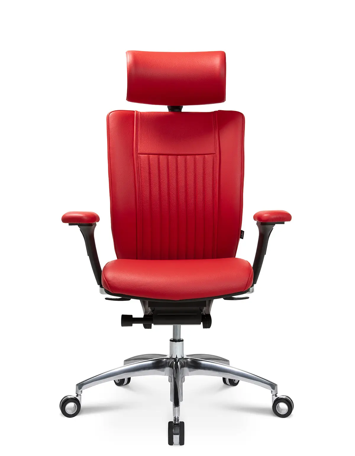 Frontansicht des Wagner Titan Limited S Bürostuhls in rotem Leder mit ergonomischer Kopfstütze