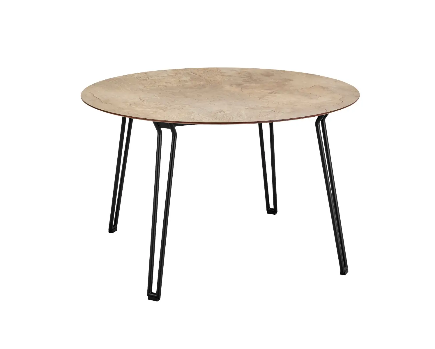Weishäupl Slope Tisch Ø 120 cm mit schwarzem Gestell und langlebiger HPL-Tischplatte in Sandoptik. Wetterfester Design-Gartentisch für Terrasse und Außenbereich.