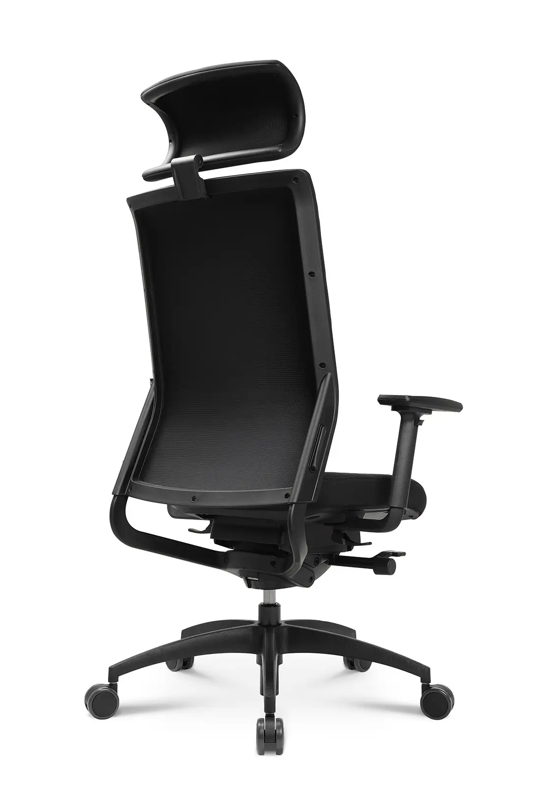 Wagner ErgoMedic 100-3 Bürostuhl mit schwarzer Netzrückenlehne, Kopfstütze und ergonomischer Konstruktion in schräger Rückansicht.