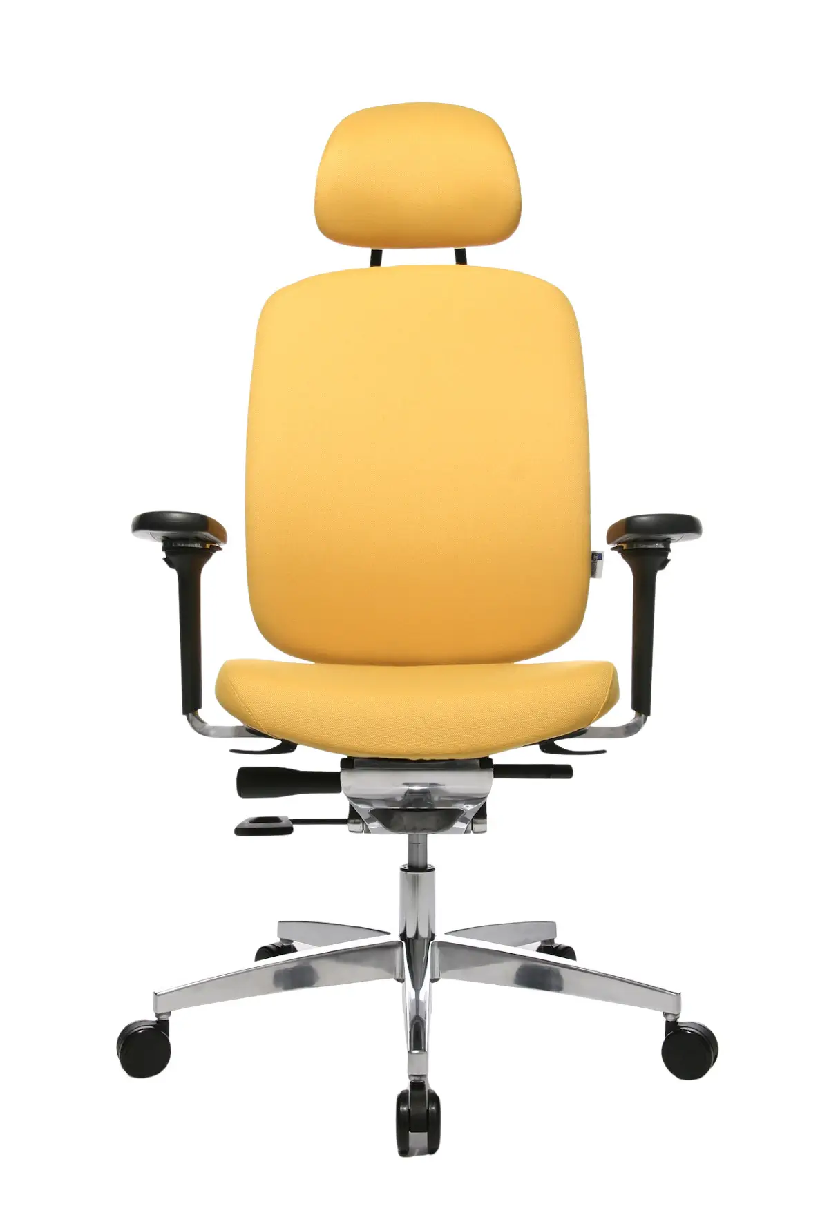 Frontansicht des Wagner AluMedic 20 Bürostuhls mit Kopfstütze, gelbem Stoffbezug, ergonomischer Rückenlehne und höhenverstellbaren Armlehnen.