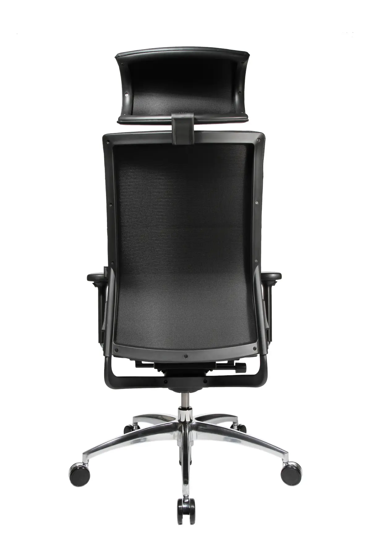 Wagner ErgoMedic 100-4 Bürostuhl mit ergonomischer Kopfstütze, schwarzem Lederbezug und stabiler Rückenlehne in der Rückansicht.