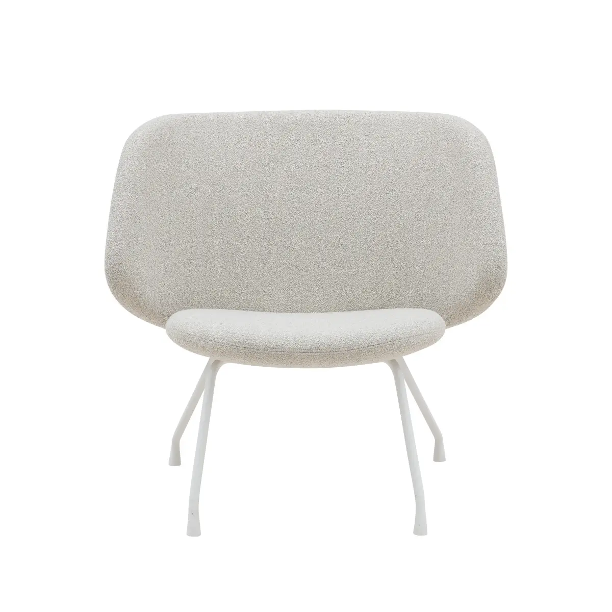 Softline Evy Sessel in Beige aus frontaler Perspektive mit breiter gepolsterter Rückenlehne, abgerundeter Sitzfläche und hellem Metallgestell.
