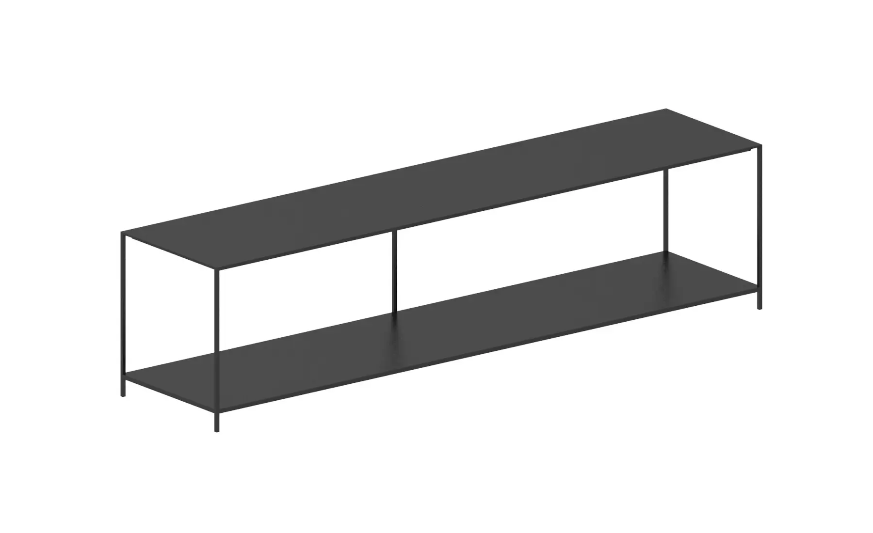 Zeus Slim Irony TV Konsolentisch 180 × 41 cm in Kupferschwarz mit schlankem Stahlgestell und großzügiger Ablagefläche für TV und Wohnaccessoires.