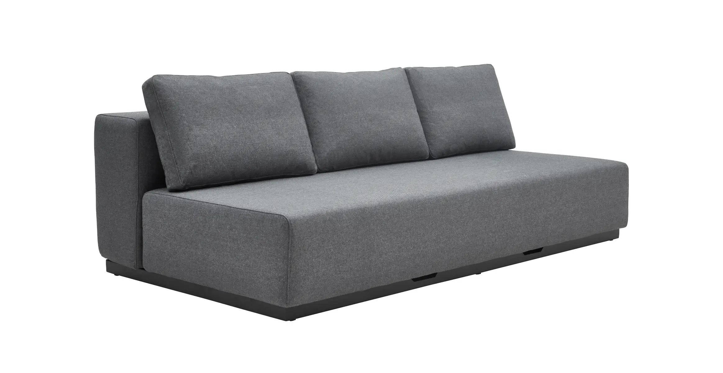 Softline Nevada Sofa 3-Sitzer in Dunkelgrau aus seitlicher Perspektive mit drei Rückenkissen, breiter Sitzfläche, Armlehne und schwarzem Sockel.