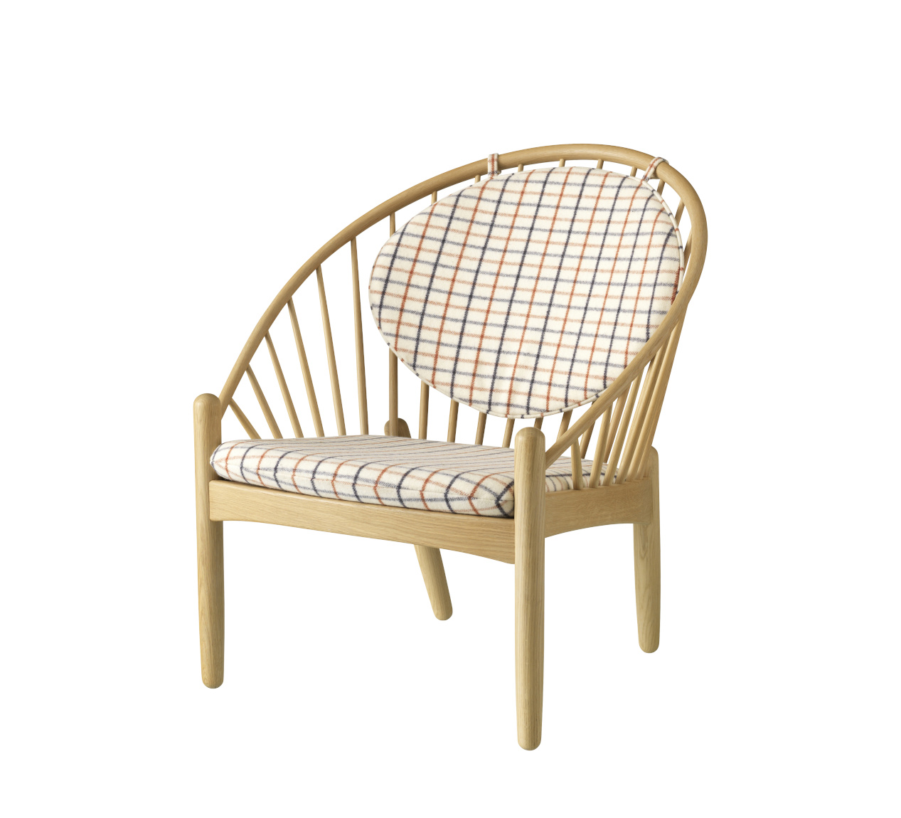 FDB Møbler J166 Jørna Sessel, nordischer Design-Sessel, Eiche natur, rotkarierte Pferdedecke, langlebig, funktional